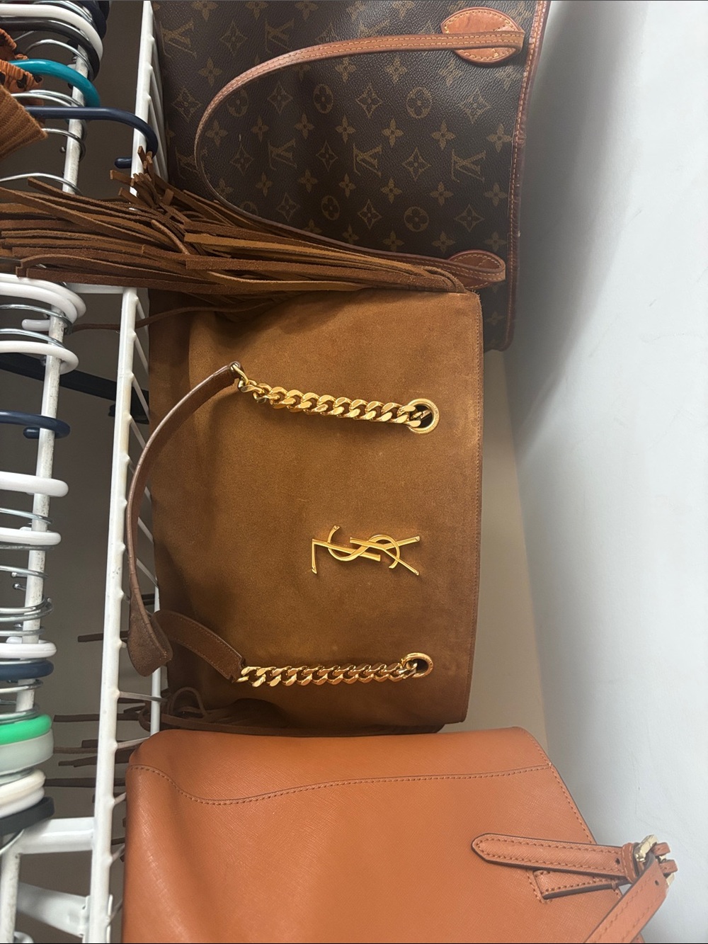 Yves Saint Laurent Tan Suede Shoulder Bag with Gold Chain